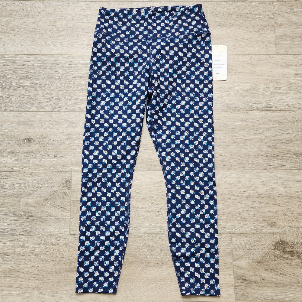 Fabletics Blue Daisy Leggings Womens Medium High Waisted ⅞ Pocket Activewear